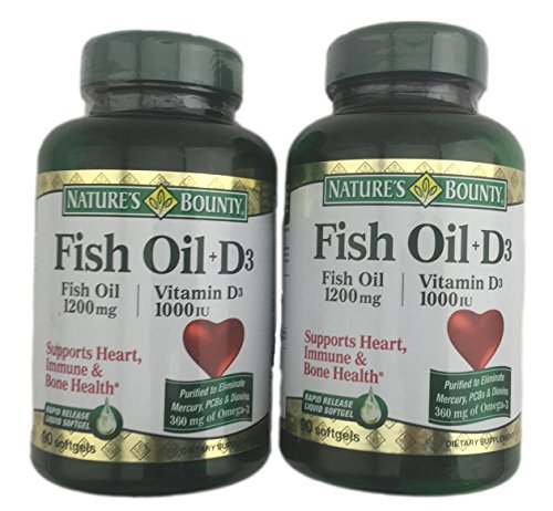 2-Pack Natures Bounty Fish Oil (1200 mg) Plus Vitamin D3 (1000 IU) 90 Rapid Release Softgels (180 softgels total) 2-Pack Natures Bounty Fish Oil (1200 mg) Plus Vitamin D3 (1000 IU) 90 Rapid Release Softgels (180 softgels total)
