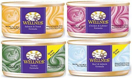Wellness 3 Oz Grain-Free Cat Food Variety 24 Cans with 4 Flavors – Salmon &amp; Trout, Chicken &amp; Lobster, Turkey, and Beef &amp; Salmon Formula