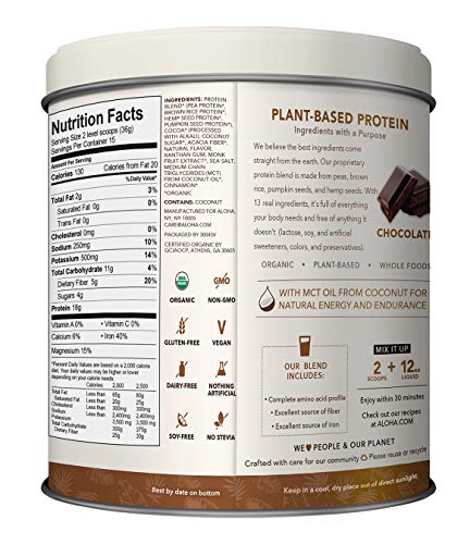 ALOHA Organic Chocolate Plant Based Protein Powder with MCT Oil, 19 oz, 15 Servings, Vegan, Gluten Free, Non-GMO, Stevia and Erythritol Free, Soy Free, Dairy Free and Only 4g of Sugar