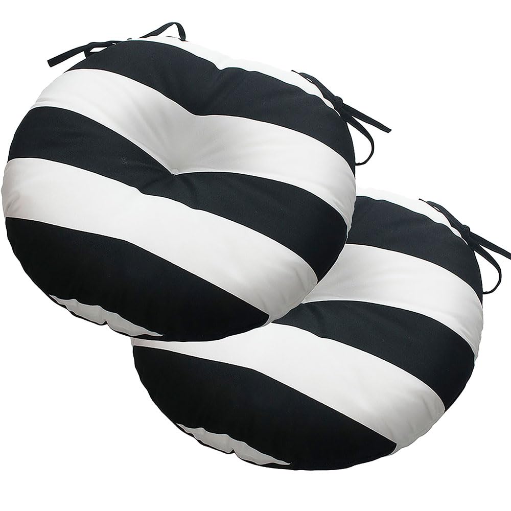 Photo 1 of Magpie Fabrics Outdoor Round Bistro Seat Cushions with Ties, 15"x15"x4" Set of 2, Tufted Waterproof Barstool Chair Pads for Patio Home Garden Office, Black White