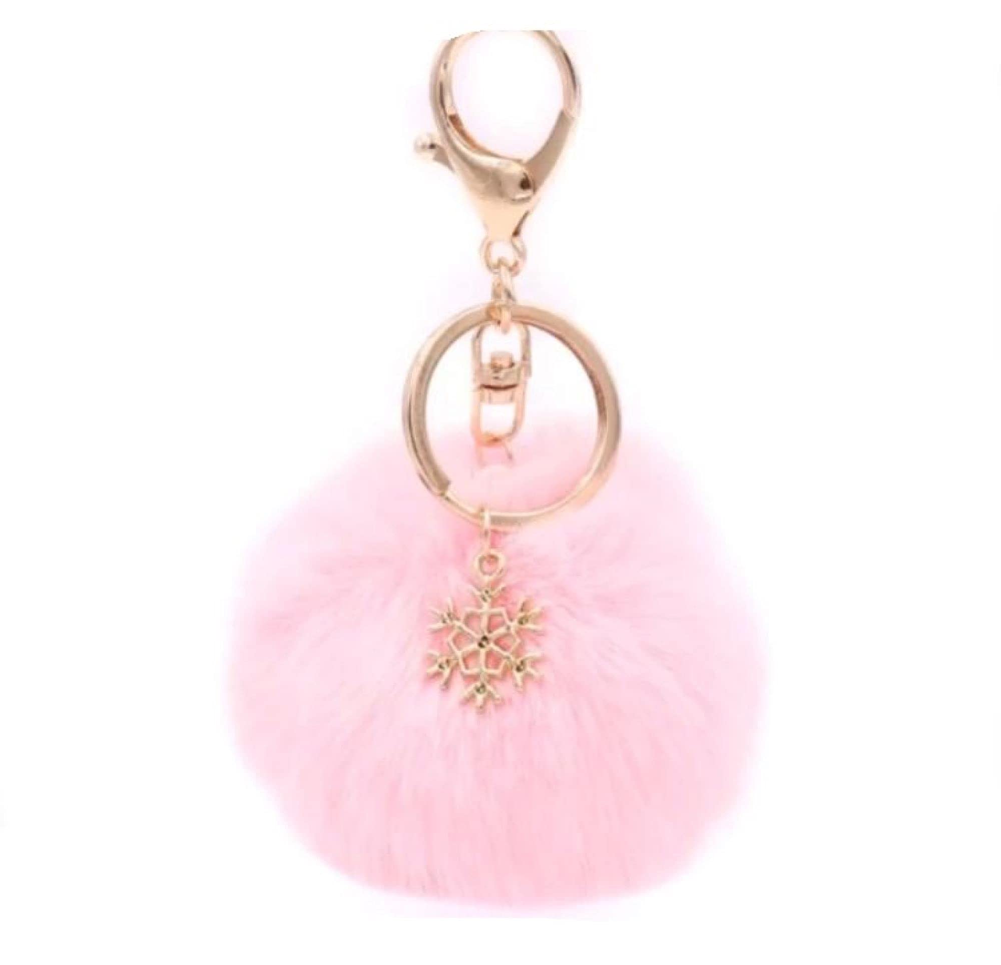 CrownOfRibbons Pink Fluffy Pom Christmas Keyring, with Snowflake Charm, Car, Luggage Bag Accessory