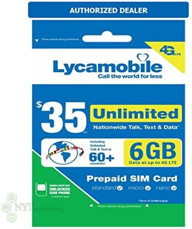 Lycamobile 35 Plan 1st Month Included SIM Card is Triple Cut Unlimited Natl Talk & Text to US and 60+ Countries 6GB Of 4G LTE