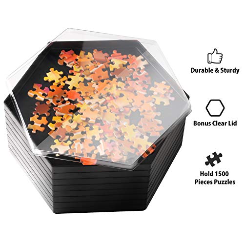 Becko Stackable Puzzle Sorting Trays Jigsaw Puzzle Sorters with Lid Puzzle Accessory for Puzzles Up to 1500 Pieces, 8 Hexagonal Trays (Black)