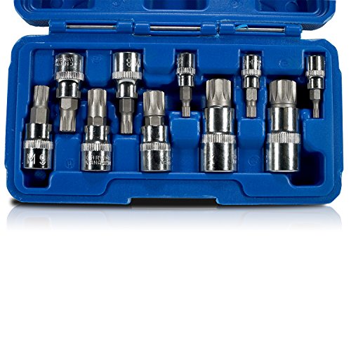 10pc Triple Square Socket Kit Spline Socket Bit Set Metric with Ratchet 1/4 3/8 1/2 Short