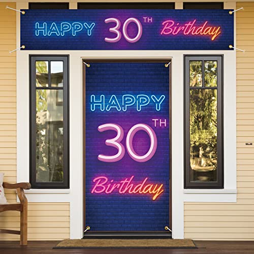 Photo 1 of Neon Happy 30th Birthday Door Cover Porch Banner and Large Yard Sign Set Decor Colorful - Glow Neon Theme 30 Years Old Birthday Party Decoraions for Men Women Supplies