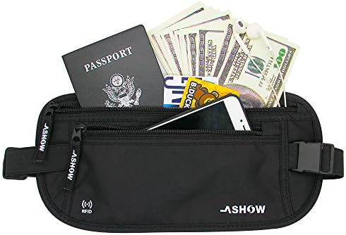 ASHOW Money Belt Waist Wallet RFID Blocking for Traveling, Passport, Cards, Mobile phone