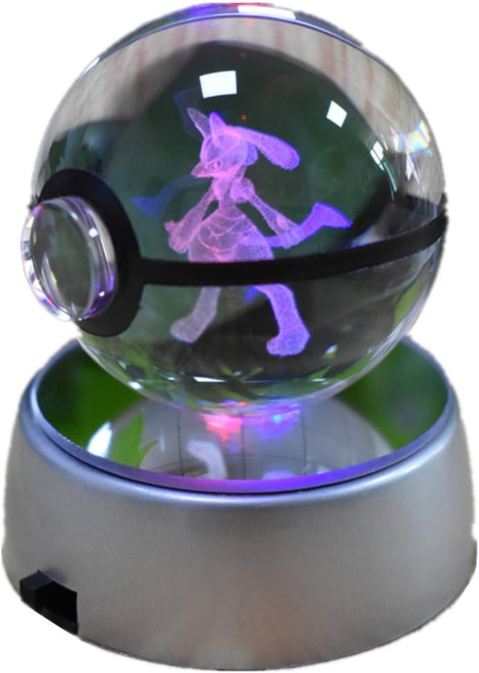 3D HD Crystal Ball Nightlight 5cm K9 Crystal Light ABS Base Manual Switch RGB Color LED Kids Bedroom Night Light Decoration Lamp ( Lucario )