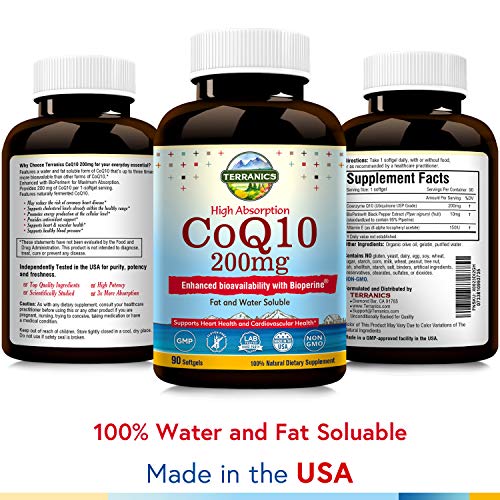 Terranics CoQ10 with BioPerine 200mg, 90 Softgels, Premium Qulity, 3x Better Absorption, Water and Fat Soluble, Supports Heart Health and Energy Production, NON-GMO, Soy, Dairy & Gluten Free, for men