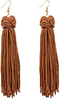 Vichier 1 Pair Retro National Style Hand Knit Long Tassels Earrings For Women Girls Coffee