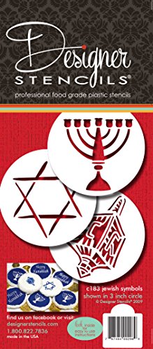 Designer Stencils C183 Jewish Symbols Cookie and Cupcake Stencils (Dreidel, Star of David, Menorah), Beige/semi-transparent