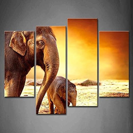 Amazon Com Funy Decor 4 Panel Mother With Baby Elephants Walking Outdoors Over Sunset Yellow Land Oil Paintings On Canvas Print Animal The Picture Modern Wall Art Set Stretched And Framed Ready To