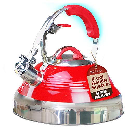 Pykal Retro Whistling Tea Kettle for Stove Top 2.8 QT Red Vintage