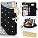 S7 Edge Case (Not for S7 Non-Edge),Mavis's Diary 3D Handmade Wallet Flip Cover PU Leather Bling Shiny Diamond Pearls Wooden Love Heart with Cute Balls Tower Pendant for Samsung Galaxy S7 Edge (Black)