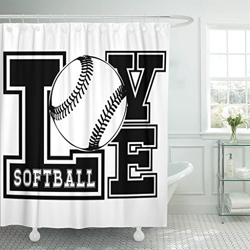 TOMPOP Shower Curtain American Black and White Inscription Love Softball Design for Tattoo Badge Ball Waterproof Polyester Fabric 72 x 72 inches Set with Hooks