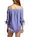 Style Dome Womens Off The Shoulder Stripe Tops Summer Casual Sexy Slit 3/4 Sleeve Tie Cuff Blouses Dark Blue 2XL