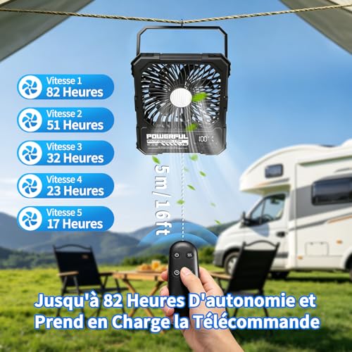 yAyusi 20000mAh Rechargeable Camping Fan, 27cm Ultra Slim Portable Tent Fan with Remote Control, Up to 82 Hours Battery Life, Outdoor and Bedroom Use
