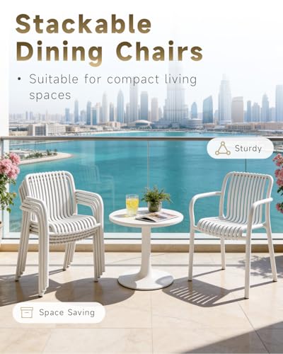 HariNorgen Set of 4 Outdoor Indoor Dining Chairs, Heavy Duty Stackable Patio Seating,Weatherproof & UV Resistant Plastic Armchairs for Garden,Balcony and Terrace, Pre-Assembled, White