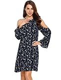 BEAUTYTALK Women's Scoop-Neck Floral Long-Sleeve Short Straight Dress, Navy Blue, X-Large