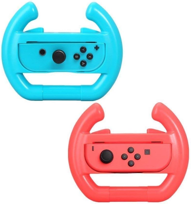 Switch Wheel,KINGEAR Dobe Joy Con Steering Wheel Grips for Switch Controller(2 Pack, Neon Red/Blue)