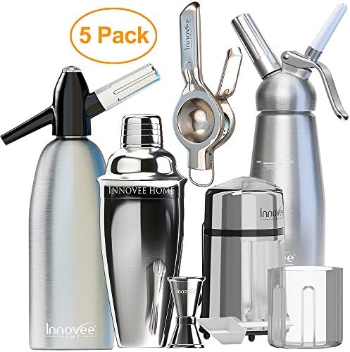Innovee Home 5 Pack - Cocktail Shaker + Soda Siphon + Ice Crusher + Cream Whipper + Lemon Squeezer