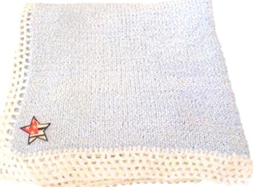 Knitted & Crochet Blue Chenille White Cotton Trim Large Baby Blanket with Flag