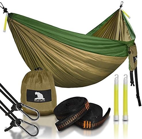 Bear Onyx Portable Camping Hammock with Premium Adjustable Hanging Straps and Ultralight Carabiners. Tear Resistant Parachute Nylon. Large Double Size, Lightweight and Easy To Fit In Your Backpack
