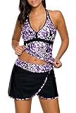 Dokotoo Womans Print Halter Print Tankini Tops Swimsuit Two Piece Skirted Bathing Suits Juniors Purple Large