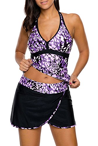 Dokotoo Womans Print Halter Print Tankini Tops Swimsuit Two Piece Skirted Bathing Suits Juniors Purple Large