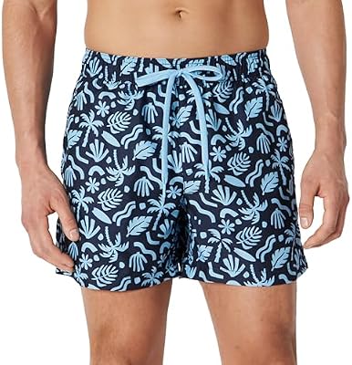 Bañador con Forro de Malla, Bolsillos y Cierre con Cordón Hombre, Azul Marino Tropical, L