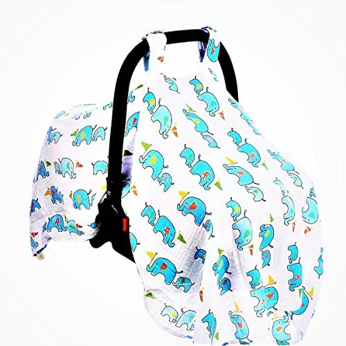 Baby Car Seat Covers To Protect Newborn From Bugs &amp; Dust. XL Super Soft Nursing Cover, Baby Car Seat Canopy For Baby Shower Gifts. Muslin Cotton Baby Canopies For Boys.Cute Elephants