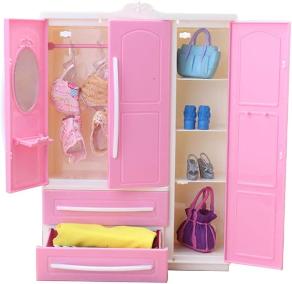 BSTCAR Doll Closet Wardrobe, Pink Doll Closet Wardrobe Clothing Organiser for Girl Doll Clothes