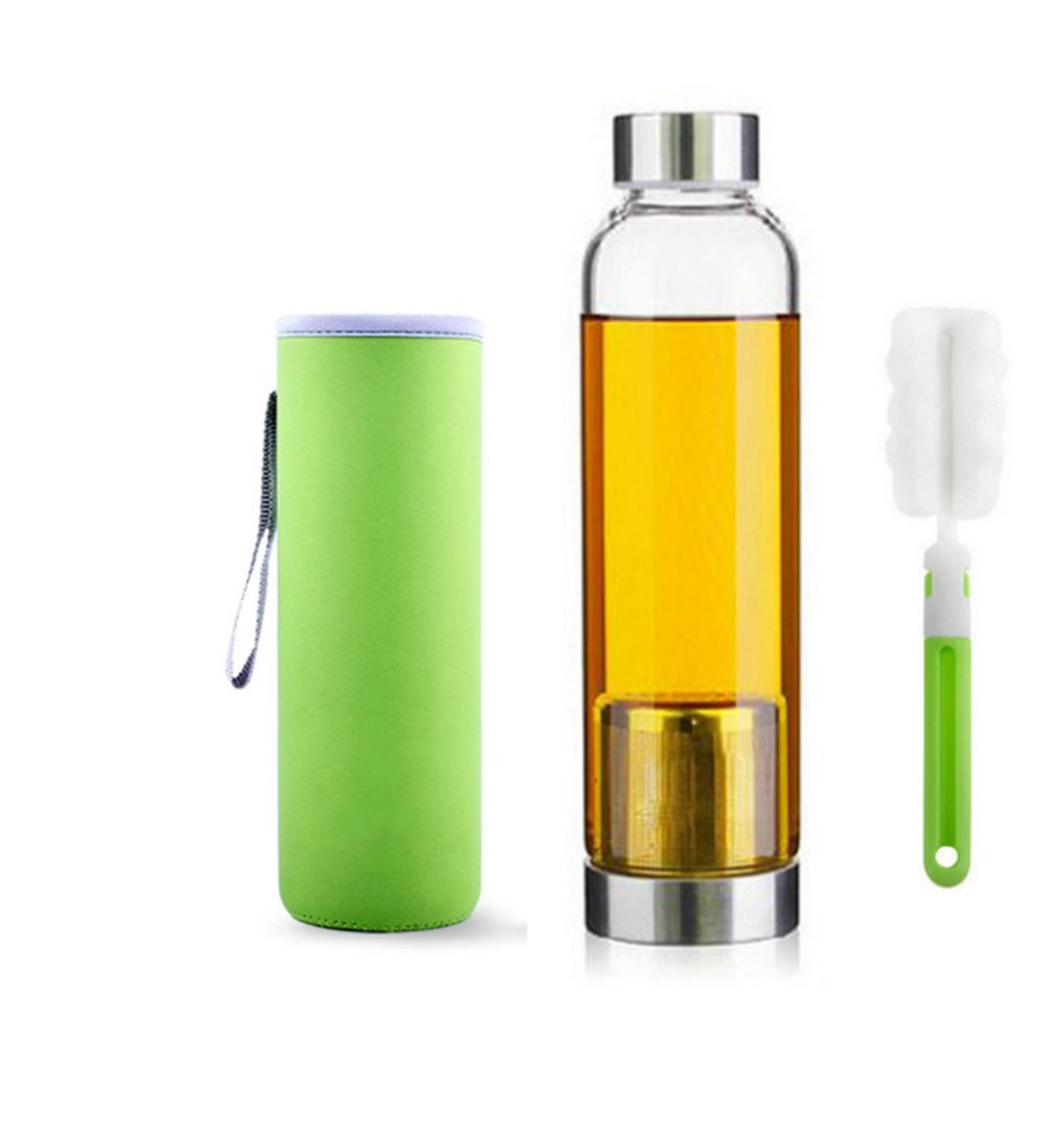 550 ml portable stylish glass tea bottle with stainless steel infuser basket, portable hot & iced tea glass teapot for brewing, tea infuser, strainer cover, free bottle brush Green