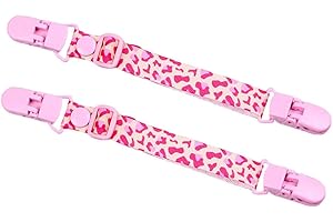 BOOGE 2 Pcs Adjustable Bib Holder Clip, Multi-Functional Bib Clip Neck Strap for Babies (Pink, Leopard Print)