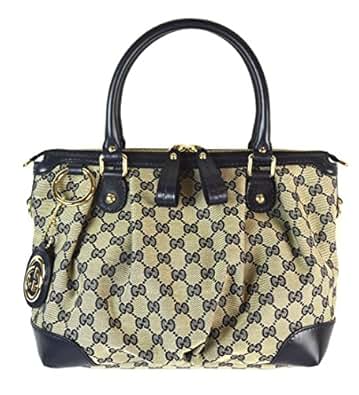 0 GUCCI 247902 GG Fabric Sukey Top Handle Tote - Beige / Navy: Shoes
