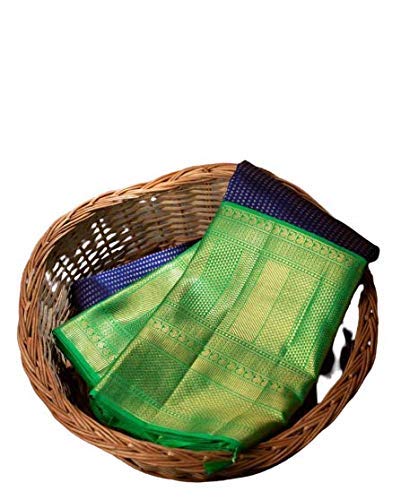 Kanchipuram Silk Saree With Contrast Blouse(BLUE)