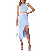 Pink Queen Women's Cutout Crew Neck Sleeveless Tank Slit Ribbed Bodycon Midi Dresses