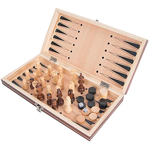 3-in-1 Wooden Chess Set & Checkers & Backgammon Set with Folding Carrying Case Folding and Travel Chess Board for Kids Teens Adults 11 inch
