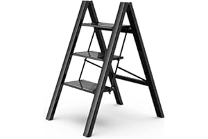 GameGem 3 Step Ladder, Aluminum Folding Step Stool with Anti-Slip Sturdy and Wide Pedal, Lightweight Portable Stepladder for Home and Kitchen Use Space Saving, Black, 330 lbs