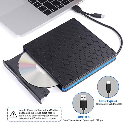 External Optical Drive, CD Drive with USB 3.0 & Type-C for VCD/DVD/CD -ROM/ -R/ +R /-RW Burner/Reader/Writer, Compatible for Windows/Linux/MAC OS