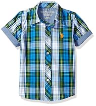 U.S. Polo Assn. Little Boys' Cotton Plaid Short Sleeve Woven Sport Shirt, Classic Navy, 2T