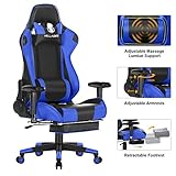 KILLABEE Big and Tall 350lb Massage Memory Foam Gaming Chair - Adjustable Massage Lumbar Cushion, Retractable Footrest and 2D Arms High Back Ergonomic Racing Computer Desk Leather Office Chair (Blue1)