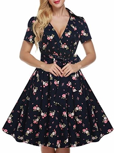 VOG Women Vintage Style 1950s Floral Print Swing Dress With Belt