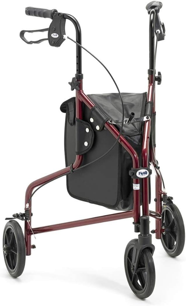 Days Lightweight Tri Wheel Walker Rollator – Aluminium Mobility Walker with Adjustable Height and Brakes – Foldable Walking Frame with Carry Bag – Mobility Aid for Elderly – Ruby Red