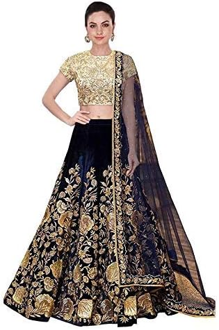 Women's Velvet Silk Lehenga Choli (Blue_CH1, Free Size)