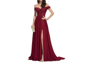 seezom Women's Laces Appliques Bridesmaid Dress Chiffon Prom Dress Off Shoulder Formal Evening Party Gowns with Slit