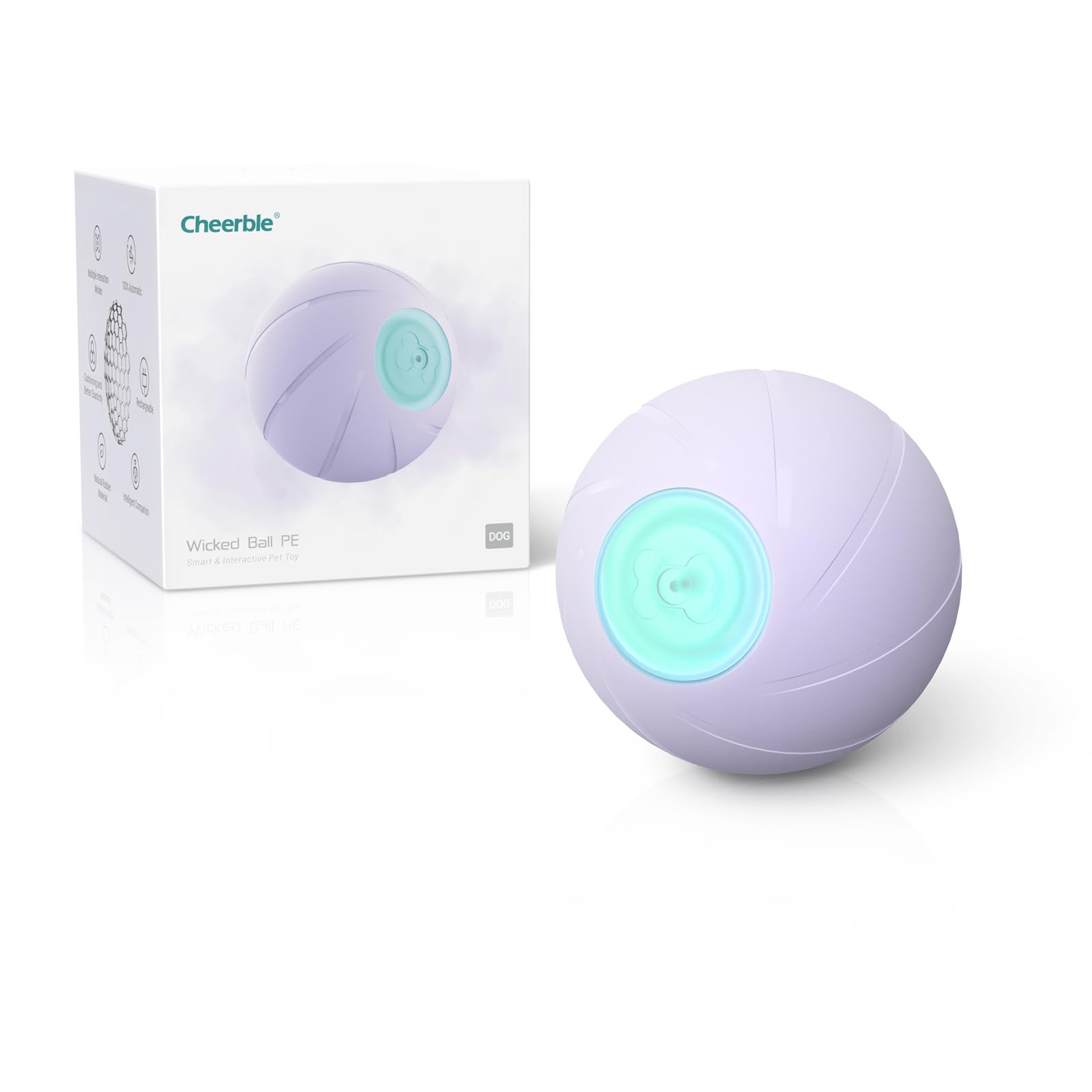 Cheerble Interactive Dog Balls, Self Moving Dog Toy, Enhanced Version Wicked Ball PE with 3 Modes, LED Lights, DC Rechargeable, Smart Rotating Bouncing Ball for Medium & Large Dogs(Purple)