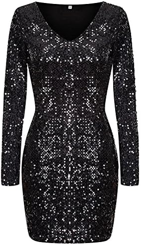 Sananski Women's Sequin V-Neck Long Sleeve Bodycon Pencil Party Dress (S, Black)