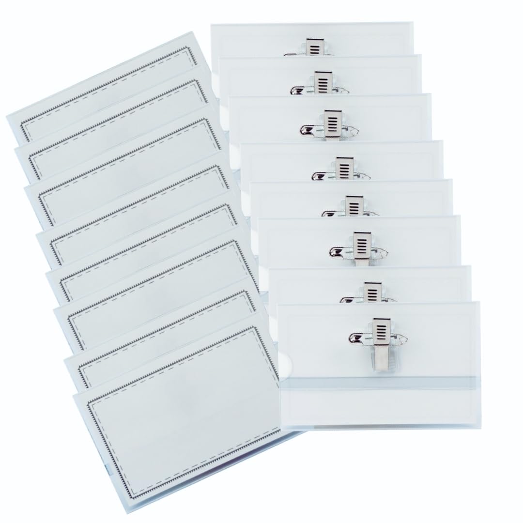 OfficeGear Name Badges (50 Pack) Name Badge Holders with Clip and Pin Includes Insert Reusable ID Tags for Conference Corporate Event Networking School Meeting – 90mm x 54mm Lombardi Smith