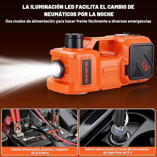 KVOZEN Gato Eléctrico 3 en 1 Hidráulico 5 Toneladas | Inflador Digital, Llave de Impacto 480NM, Kit de Emergencia, Luz LED, Para SUV