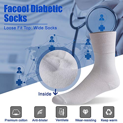 Facool Wide Ankle Socks Diabetic, Men Women Moisture Wicking No Blister Anti Skid Cotton Cushion Non Binding Socks 8 Pairs White X-Large